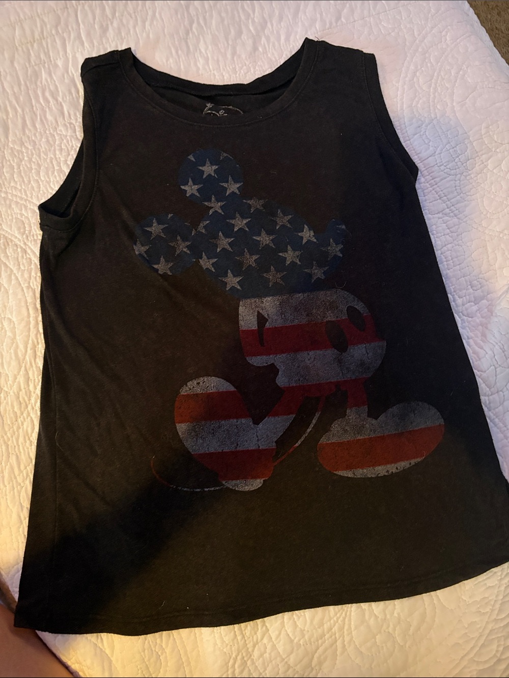 Disney Black Tank Top with Faded American Flag Mickey Graphic